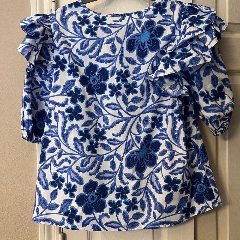 NWT Women's Sugarlips Blue & White Floral Ruffle Sleeve Blouse - Large - Picture 4 of 5